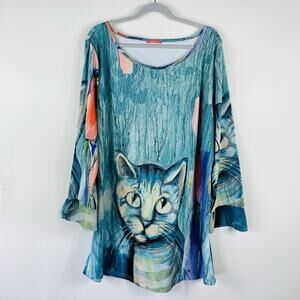 Simply Aster By Firmiana Tunic Top 3X Cat Abstract Print Long Sleeve Scoop Neck